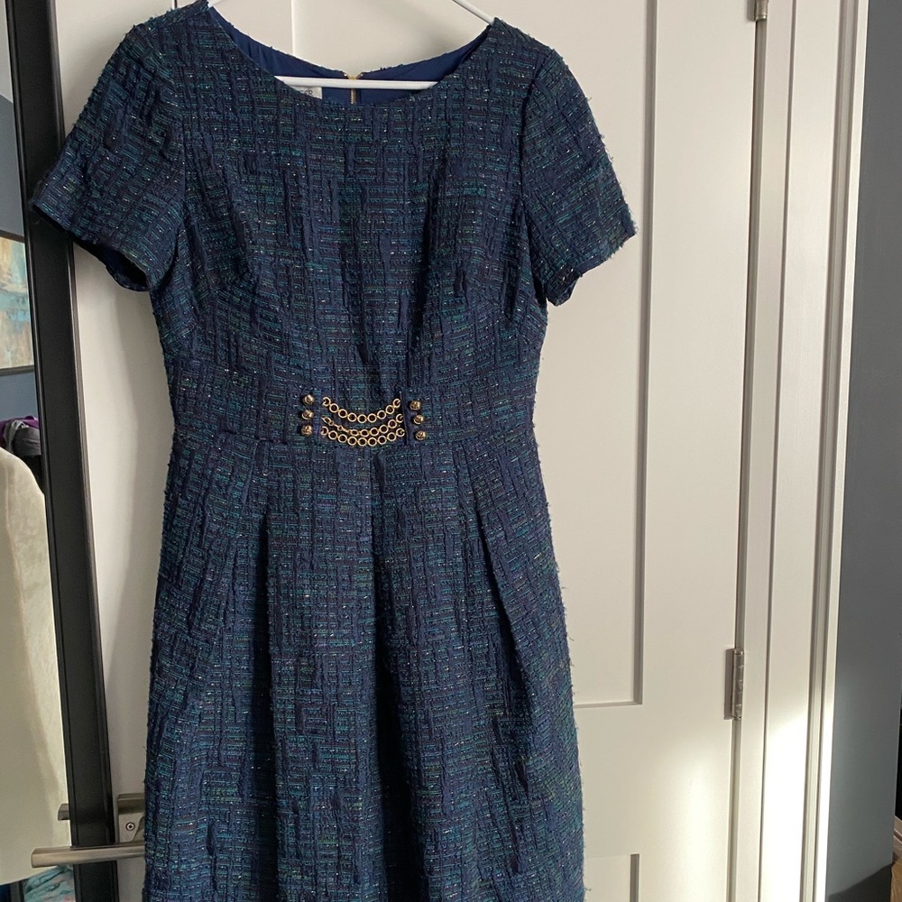 Kay Unger Tweed Dress Blue Green Gold Size 8